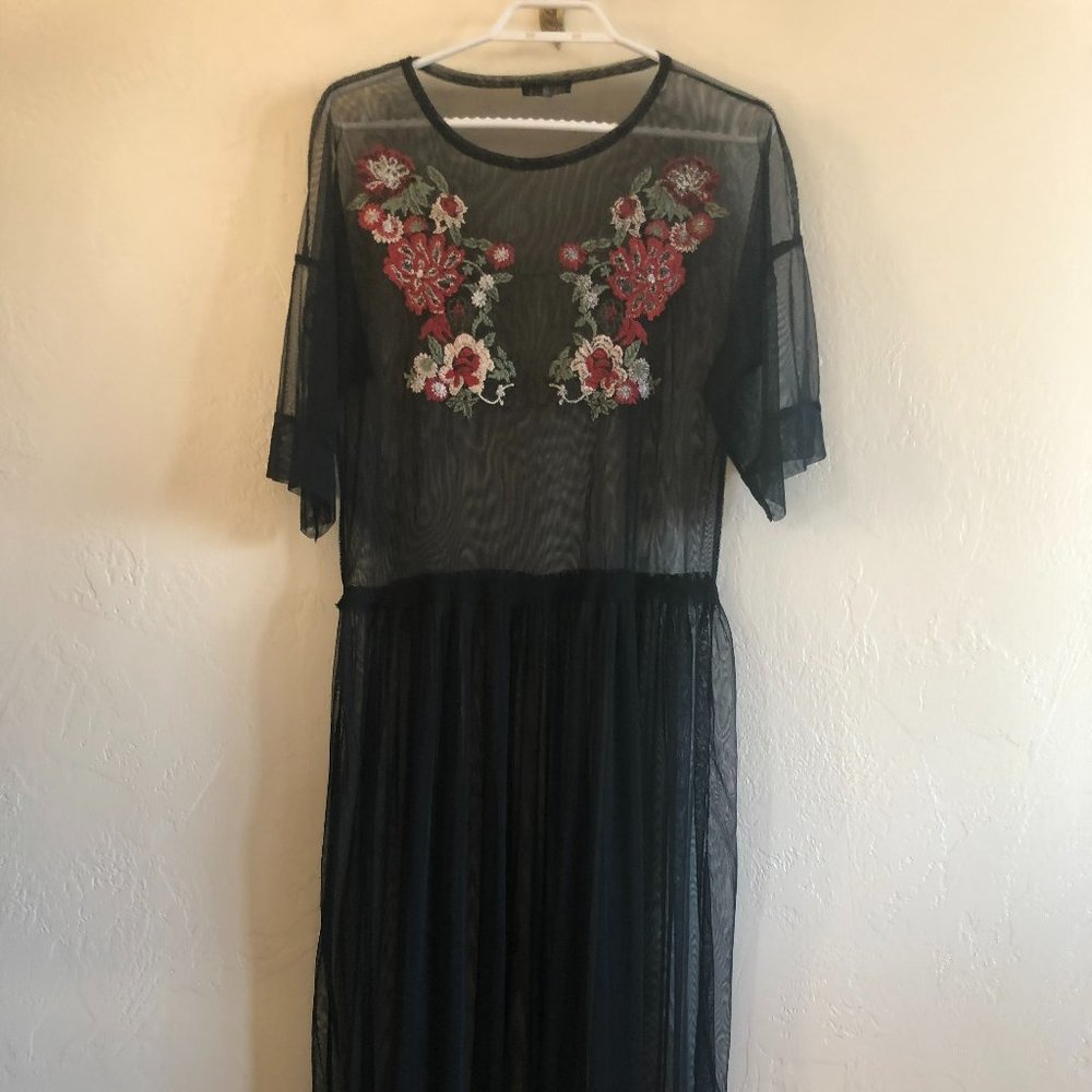 Sheer Long Zara Mesh Black Embroidered Floral Midi Dress, new